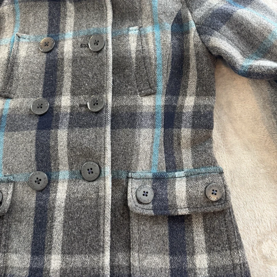 Casaco de lã American Eagle feminino xadrez médio peito duplo cinza azul-petróleo lenhador - Imagem 3 de 4