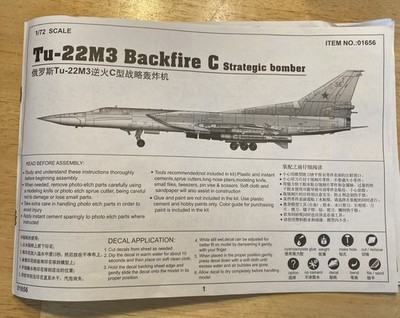 Instructions ONLY! Trumpeter 1/72 01656 Tu-22M3 Backfire-C Strategic Bomber READ