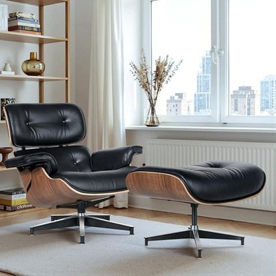 Walnut Black eames style Lounge chair with ottoman leather