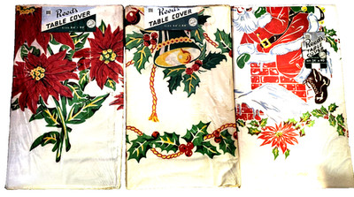 Lot of 3 VTG. NOS REED 's Christmas Holiday Table Covers, orig pkg.