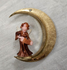 Vintage Gold Angel Brown Robe Instrument Crescent Moon German Christmas Ornament