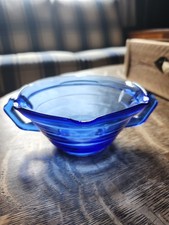 HAZEL ATLAS Cobalt Blue Dbl Handle Glass Sugar Dessert Side Candy Bowl MCM VTG