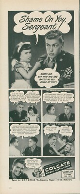 1945 Colgate Ribbon Dental Cream Shame On Sergeant Kay Kyser Vtg Print Ad L25
