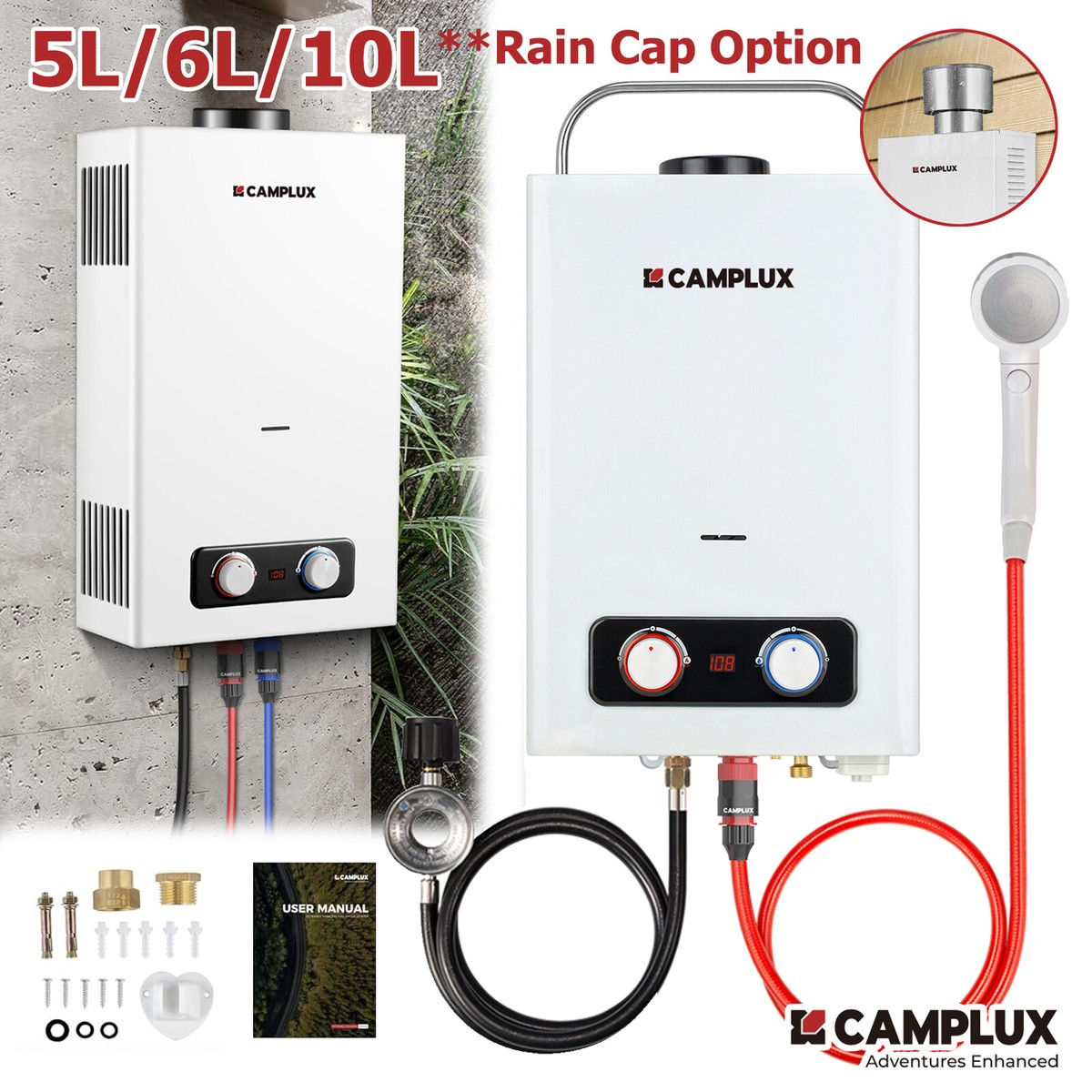 Camplux Pro 6L/10L Tankless Gas Water Heater Instant Hot Outdoor Portable  Shower