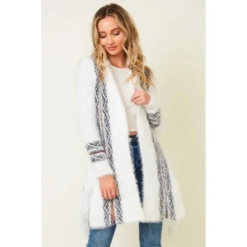 White Fuzzy Eyelash Fringe Western Boho Rainbow Aztec Pattern Open Knit Cardigan - 第 3/5 張圖片
