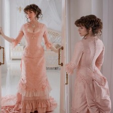 Victorian Costume Satin Wedding Dresses Long Sleeves Gilded Age Bridal Gowns