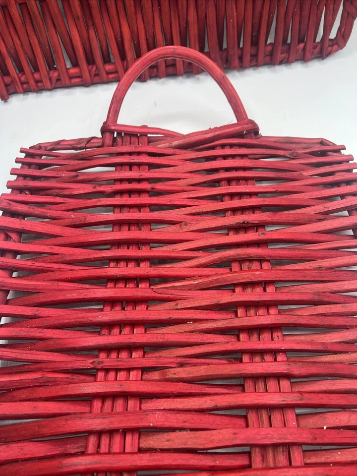 Red Serving Tray Bent Rattan Wicker Handles Thick 24” X 14” Set Of 2 Vintage - Image 3 of 4