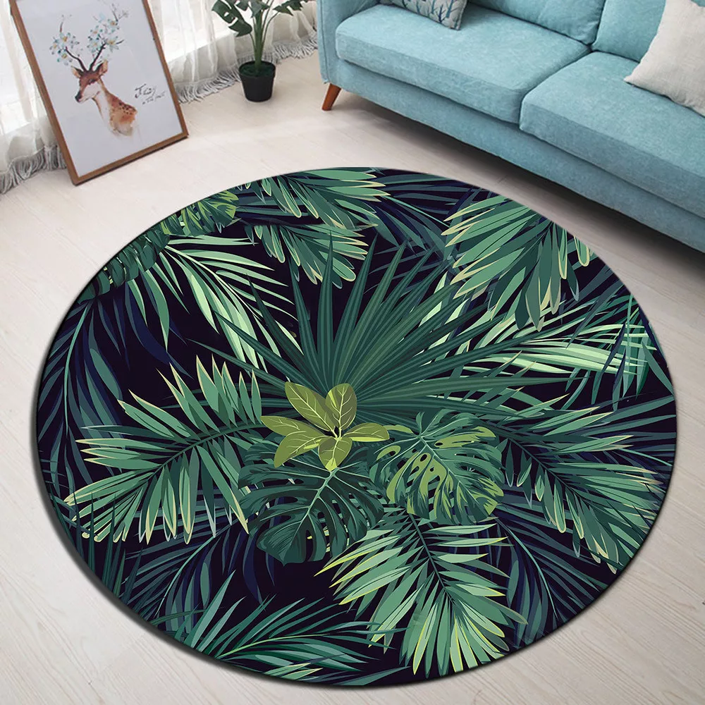 Round Carpet Living Room Area Rug Non-slip Floor Mat Tropical Green Palm Leaves