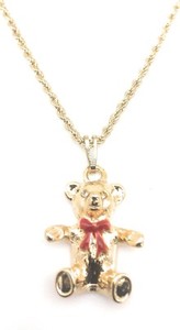 Authentic Teddy Bear Pendant Yellow Gold Plated Charm 20" Rope Necklace Chain Red Enamel  