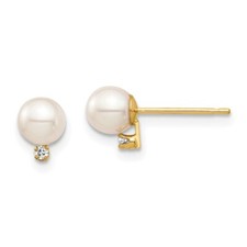 Real 14K Yellow Gold Madi K 4-5mm White Round FW Pearl .02ct Diamond Earrings