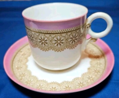 1888 Royal Worcester Pink and Gold Floral Demitasse Cup & Saucer 