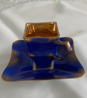 Sammeltasse Quadratisch Tasse Porzellan Vintage Handmade mit Echten Gold gemalt,