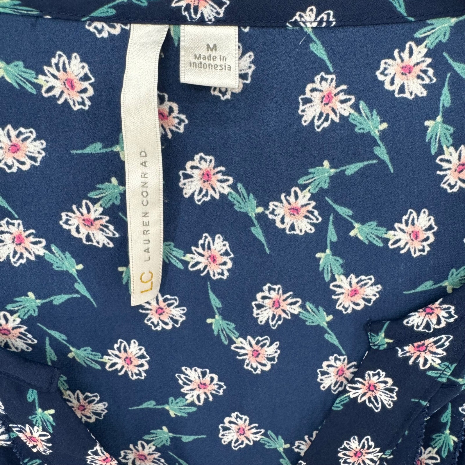 LC Lauren Conrad Floral Blouse Womens Navy Blue Sleeveless Button Front Size M