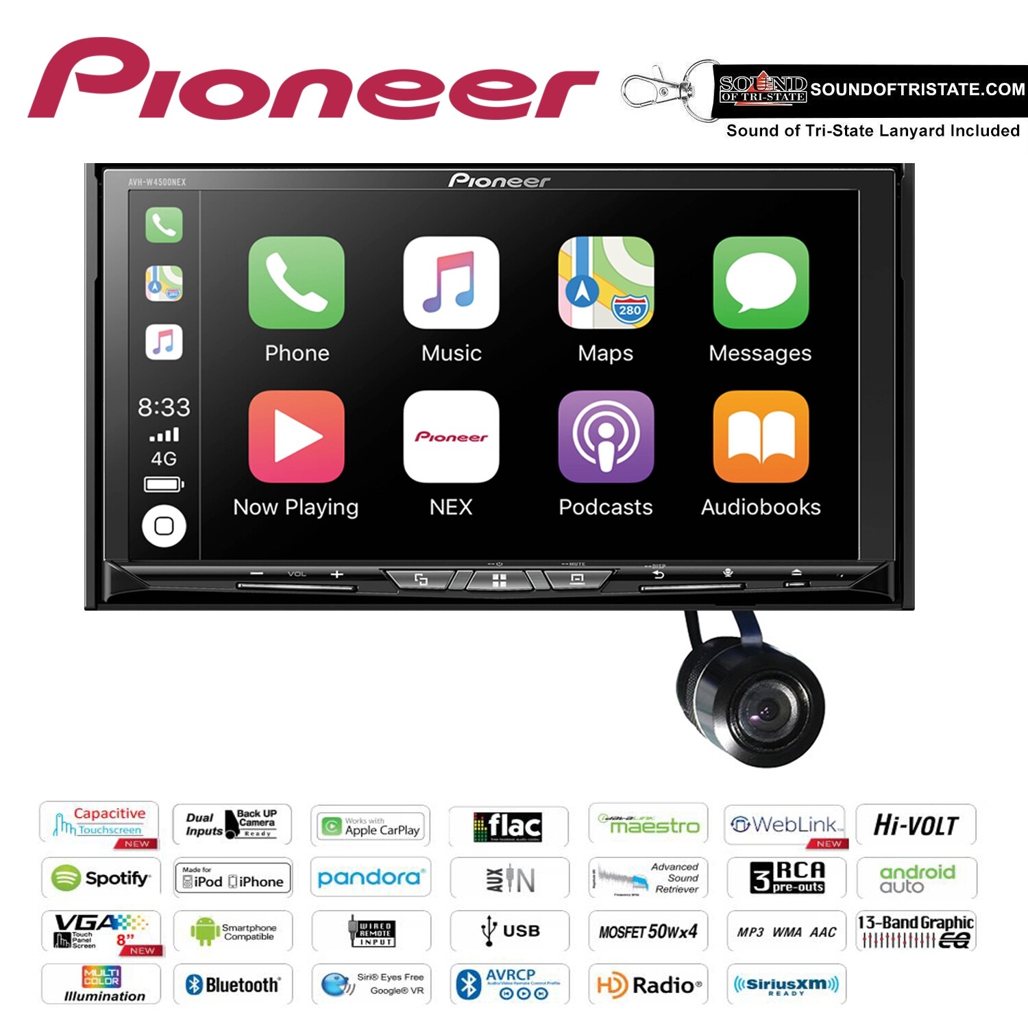 Pioneer AVH-W4500NEX DVD Receiver HD Radio with Bullet Style Backup Camera 