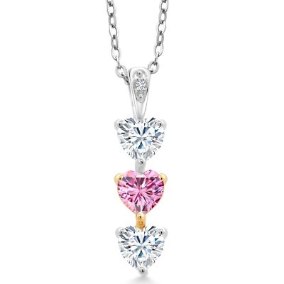 10K Yellow Gold and 925 Sterling Silver Lab Grown Diamond Heart Pendant Pink