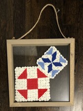 2 Framed vintage crocheted quilt squares In Red And Blue