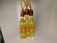Vintage Beaded Curtain/Drapery Tie Hold Backs Glass Amber & Green Colors 3pc.