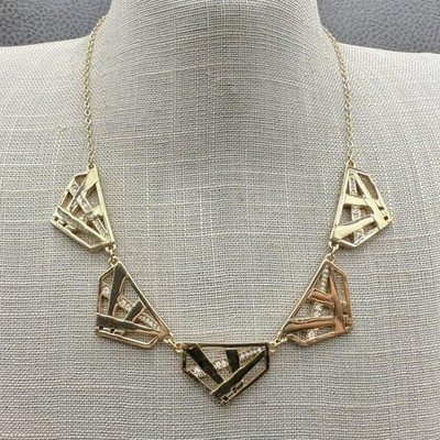Express Statement Necklace Gold Tone Geometric Panels Crystal Accents 18 Inch