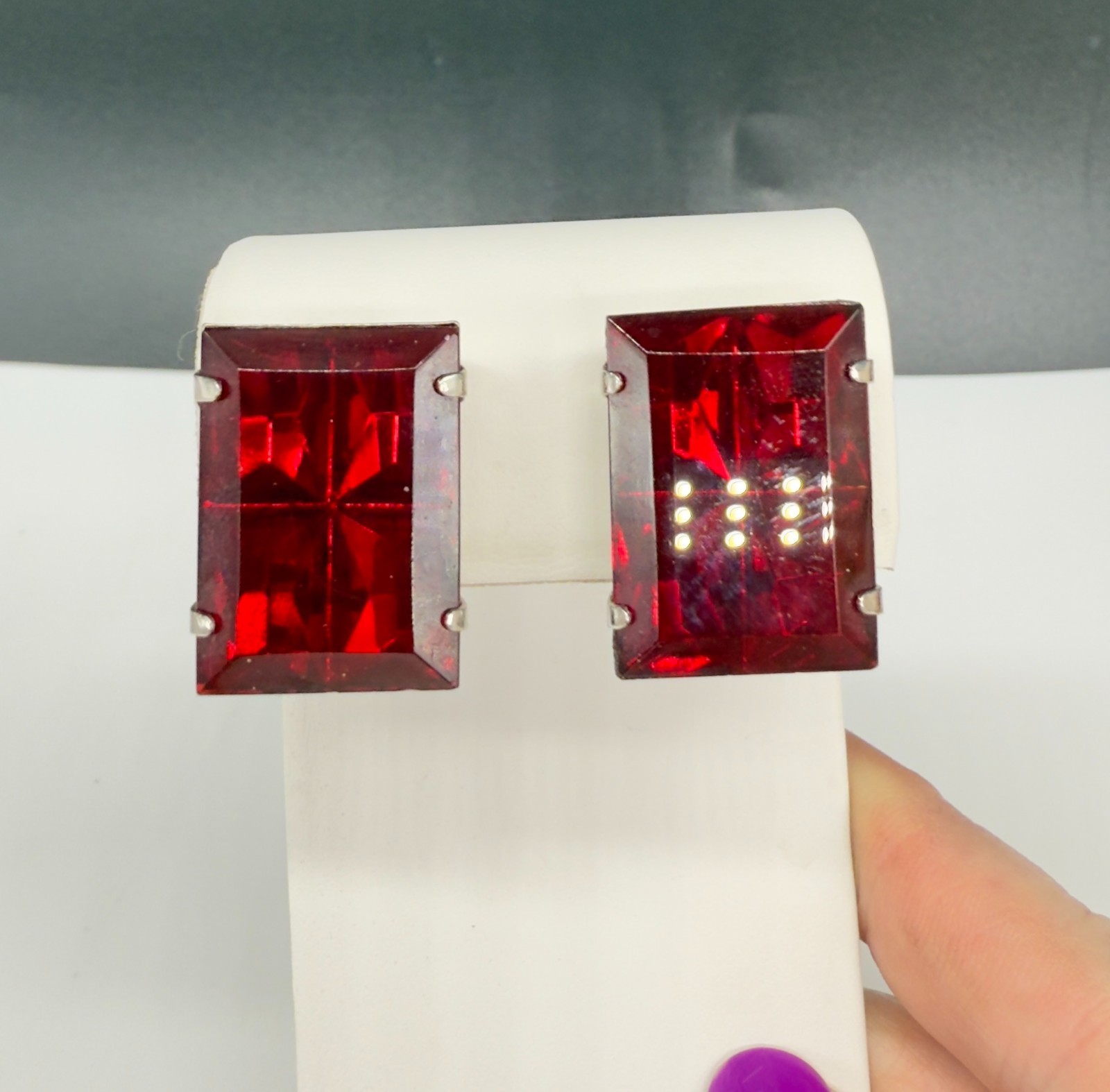 Vintage Earrings Large Red Rectangular Stones Pro… - image 1