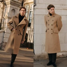 British Camel Wool Men's Overcoat Wide Lapel Double Breasted Outdoor Long Coat