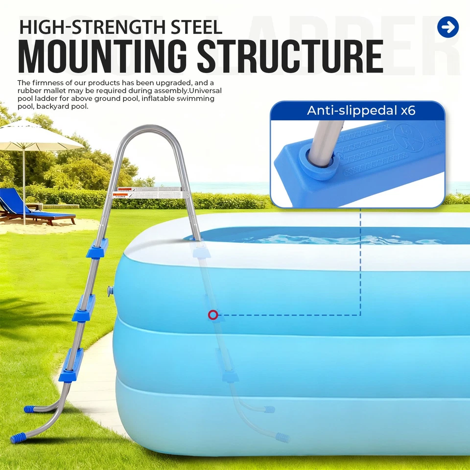 Escalera de piscina sobre el suelo con marco de acero para patio trasero exterior de 36" y 3 pasos Foto 3 de 4