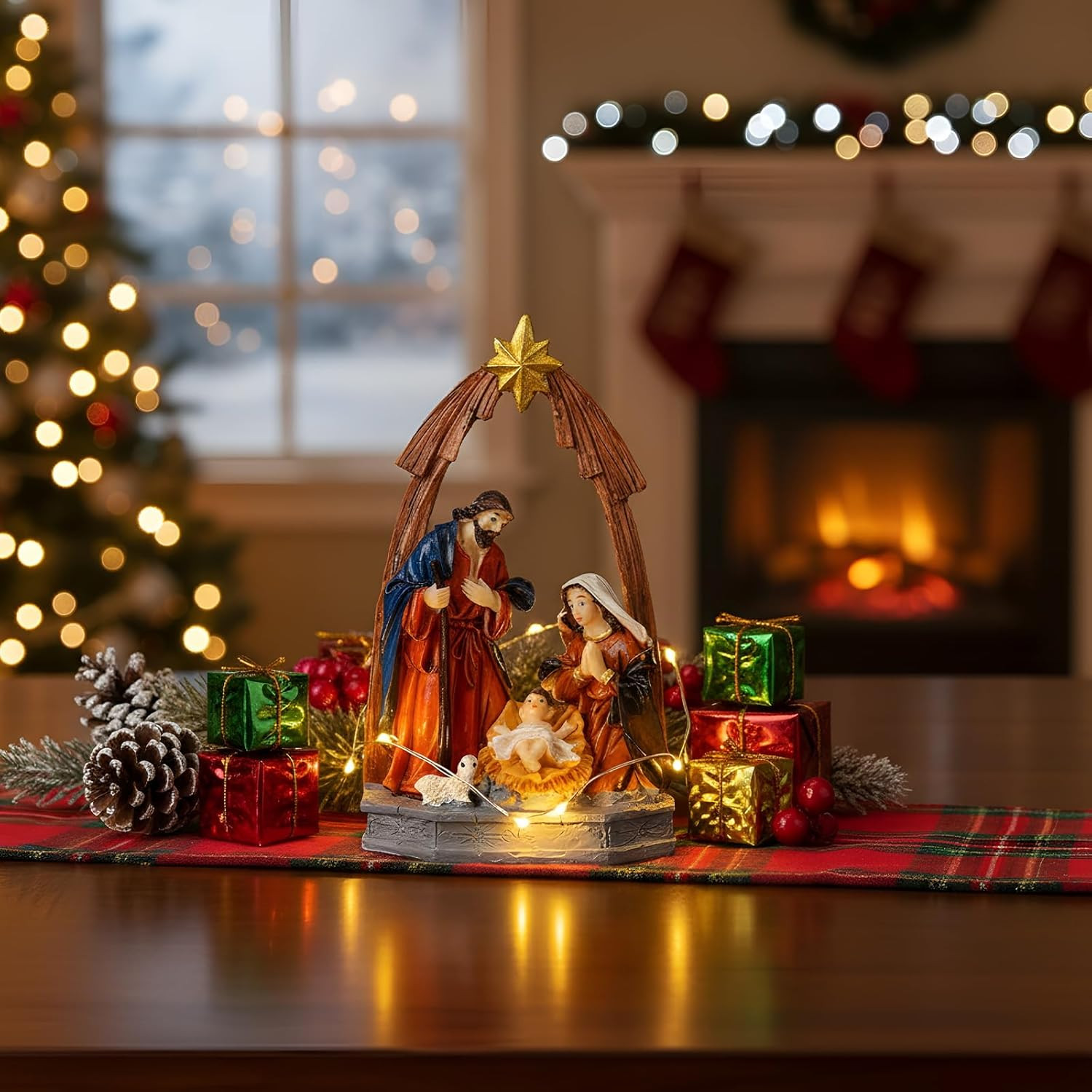 Red Gold Holy Family Nativity Figurine Handcrafted Resin Angel Lamb Set NEW