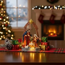 Red Gold Holy Family Nativity Figurine Handcrafted Resin Angel Lamb Set NEW