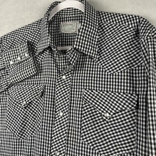 Vtg H Bar C 16/34 Cotton Gingham Check Pearl Snap Western Shirt Black Wht Cowboy