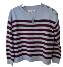 Loft Women's M Petite Blue Striped  Buttons On Shoulder L/S Knit Sweater NWT