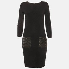 Chanel Black Leather Trim Cashmere Mini Dress M