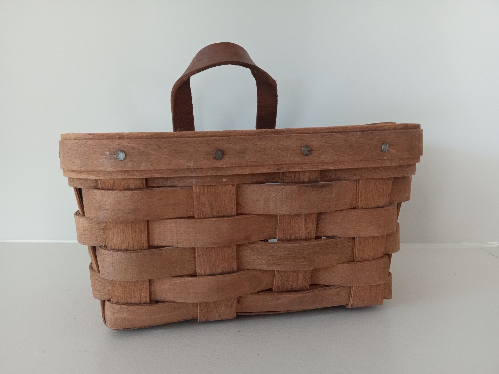 Vintage Longaberger Handwoven Maple Hanging Basket Leather Strap 