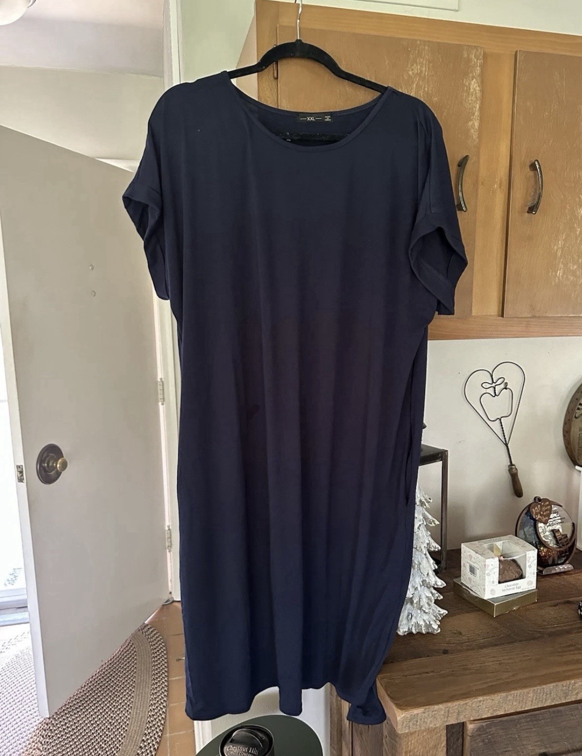 Women's Navy T-Shirt Dress Short Sleeve Knee Length Round Neck Solid Size 2XL