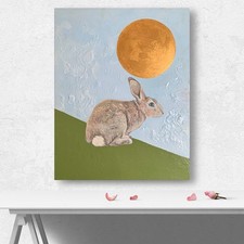 Original Acryl Hase Mond Landschaft Gemälde 50x40 cm Leinwand Textured
