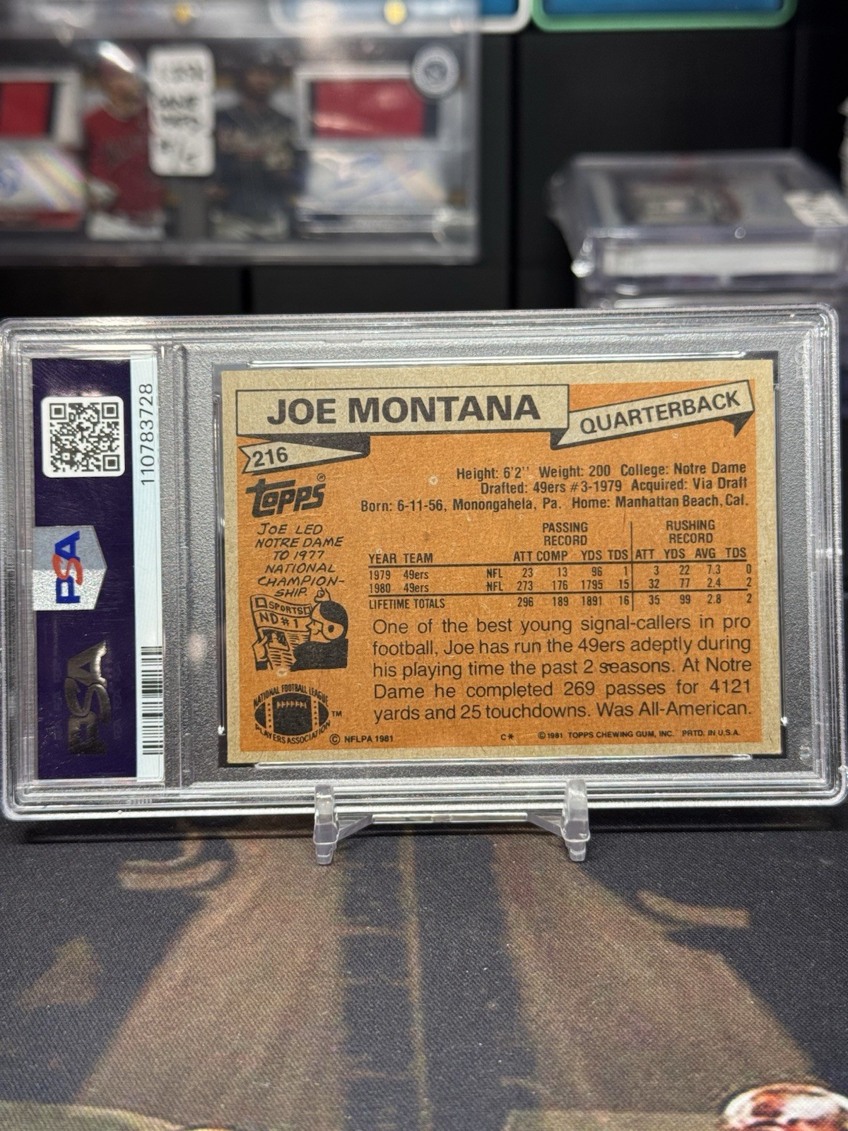 1981 Topps Joe Montana #216 Rookie RC PSA 4 view 2