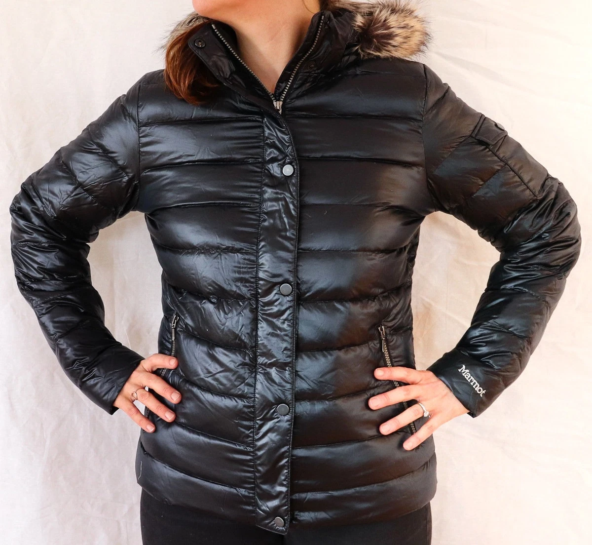 NEW MARMOT HAILEY DOWN JACKET Women s Black Puffer w Removable Fur Hood M L XL