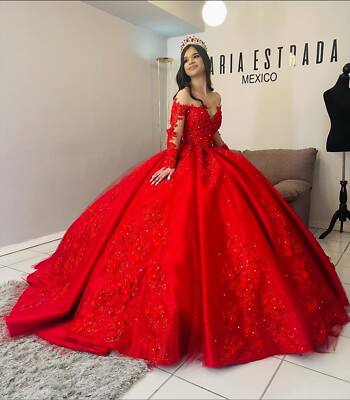 Red Quinceanera Dresses Off Shoulder Long Sleeve Beaded Sweet 16