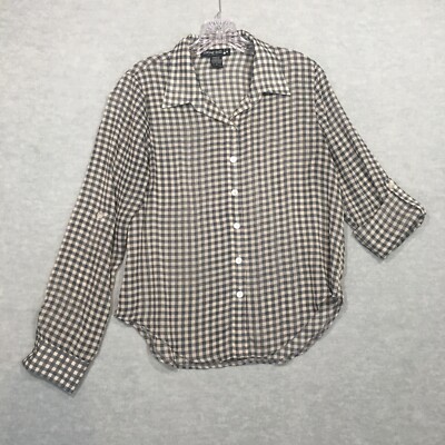Living Doll M Gray Gingham Button-Up Shirt Sheer Roll Tab Farmcore Countrycore