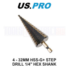 US PRO Tools 4 - 32mm HSS-G+ Step Drill Step Cone 1/4" Hex Shank 7131