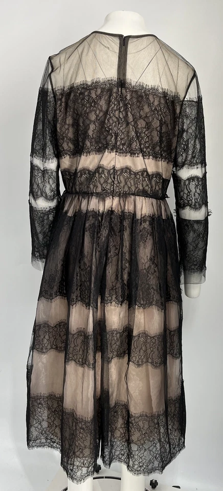 Mikael Aghal 黑色花卉蕾丝分层长袖透明上衣迷笛连衣裙 14 码 — 第 3/4 张图片