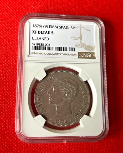 1879(79) EMM SPAIN 5 PESETAS NGC XF DETAILS CLEANED