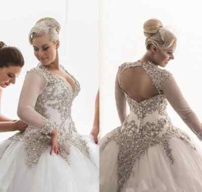 Crystal Sequins V Neck Lace Appliques Wedding Dresses Ball Gowns Bridal Gowns
