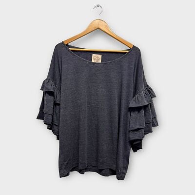 Chaser Navy  Blueberry  Women's Ruffle Sleeve Top Tee T-Shirt Large NWT