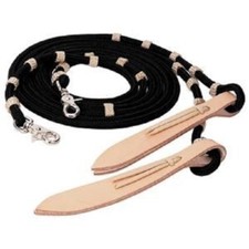 Western Black Nylon Rommel Reins with Leather Popper and Rawhide Braided Knots
