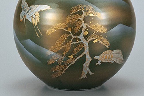 Kutani ware porcelain Japanese flower Vase Crane and Turtle 9.37in Japan - Picture 3 of 4