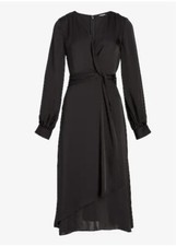 EXPRESS XS Satin Twist Front Midi Black Dress BALLOON LONG SLEEVE WRAP STYLE