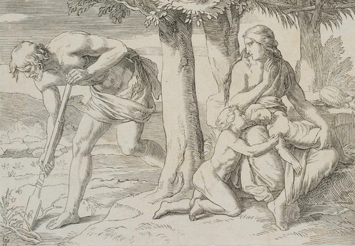 Nach JÄGER (*1808), Adam gräbt mit dem Hackstock, Rad. Romantik Religiös
