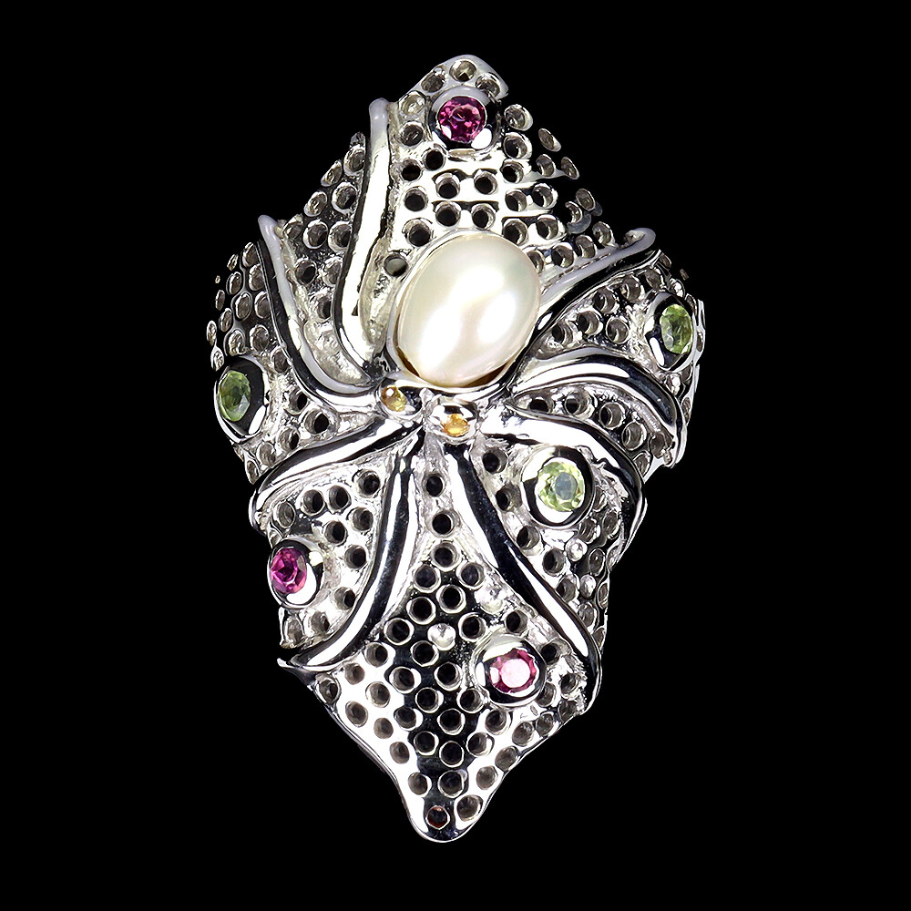 925 Sterling Silver Ring Round Peridot Rhodolite Sapphire Pearl