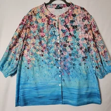 C.O.Z.Y Womens Tunic Top Sz 14 Button Front 3/4 Puff Sleeve Blue Floral Print
