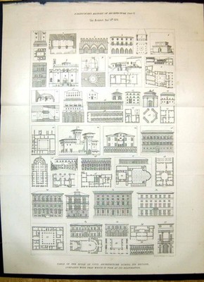Original alter antiker Druck 1870 Tisch Stil Zivilarchitektur D'Agincourts