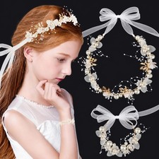 2 Pcs Flower Girl Headpiece With Bracelet White Pearl Flower Headband